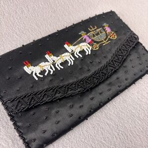 Vintage Beaded Clutch Purse Horse Drawn Carriage Fairy Tale Handmade Miles Black